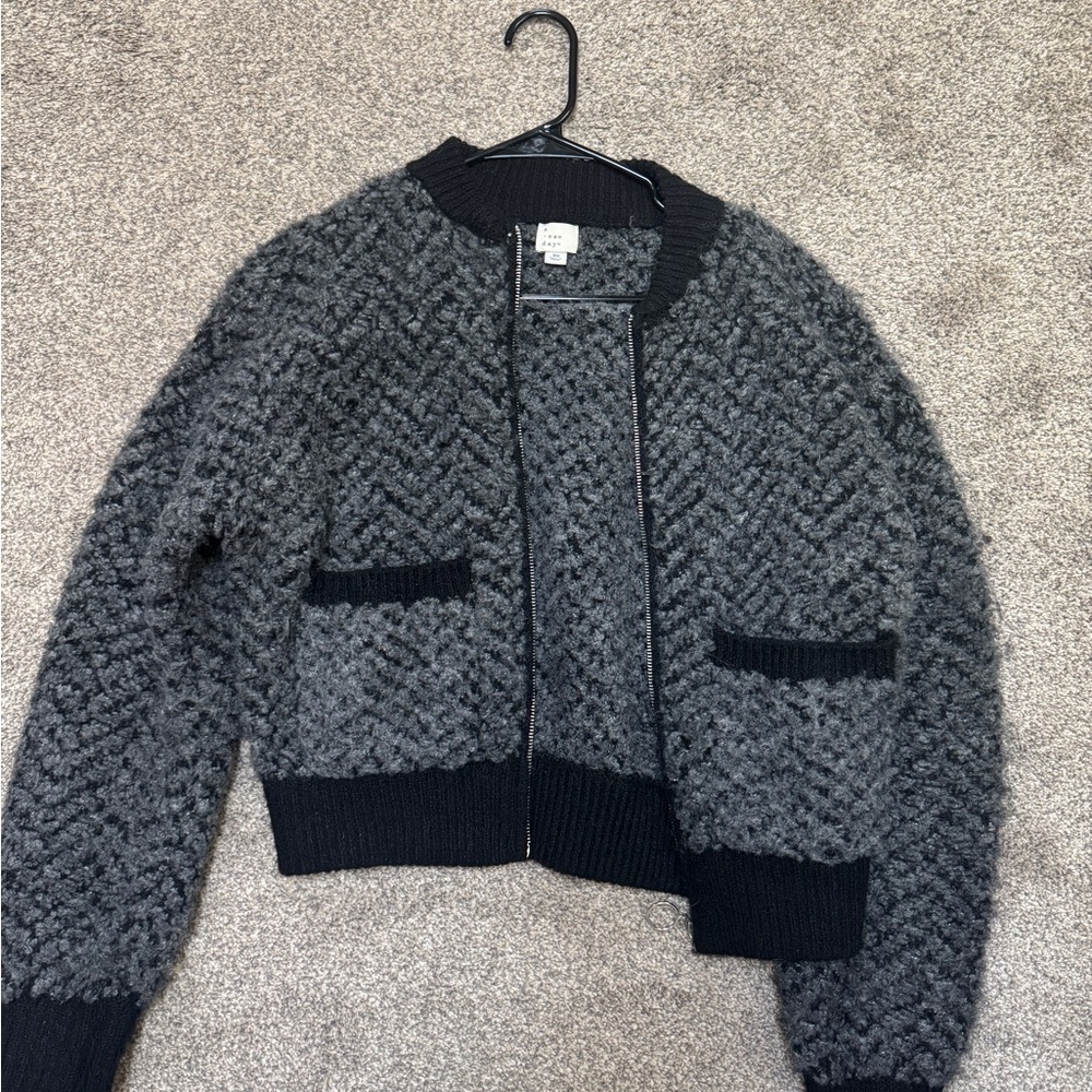 Gray and Black Textured Knit Cardigan